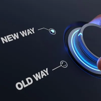 A dial being turned from the old way to the new way.