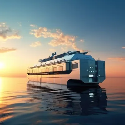 A rendering of a concept vessel on calm open water at sunrise.